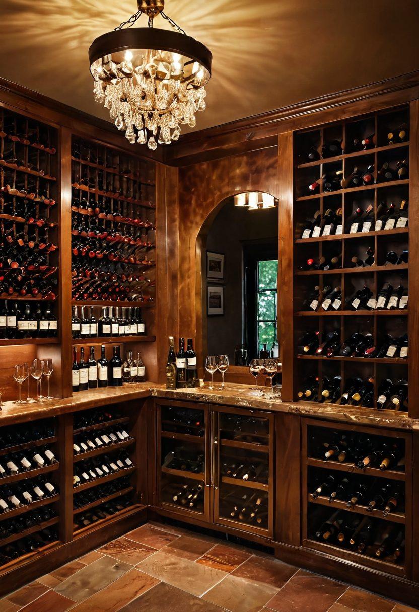 A luxurious wooden wine cellar filled with various bottles of fine wine, accompanied by elegant decanters, a wine opener, and a pair of crystal glasses. Soft, warm lighting highlights the rich colors of the wine, creating an inviting atmosphere. Subtle elements of nature, like grapevines, can be seen in the background. The scene conveys sophistication and passion for wine. super-realistic. warm colors. 3D.