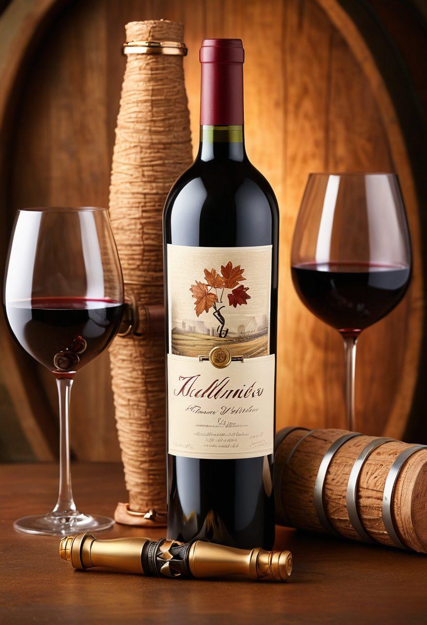 An elegant wine bottle nestled in a stylish, textured sleeve, accompanied by a chic corkscrew and a set of sophisticated wine glasses. The background features a soft, ambient glow with hints of grapevines and wine barrels to evoke a vineyard atmosphere. The color palette should be warm and inviting with rich reds and soft golds. super-realistic. vibrant colors. soft focus.