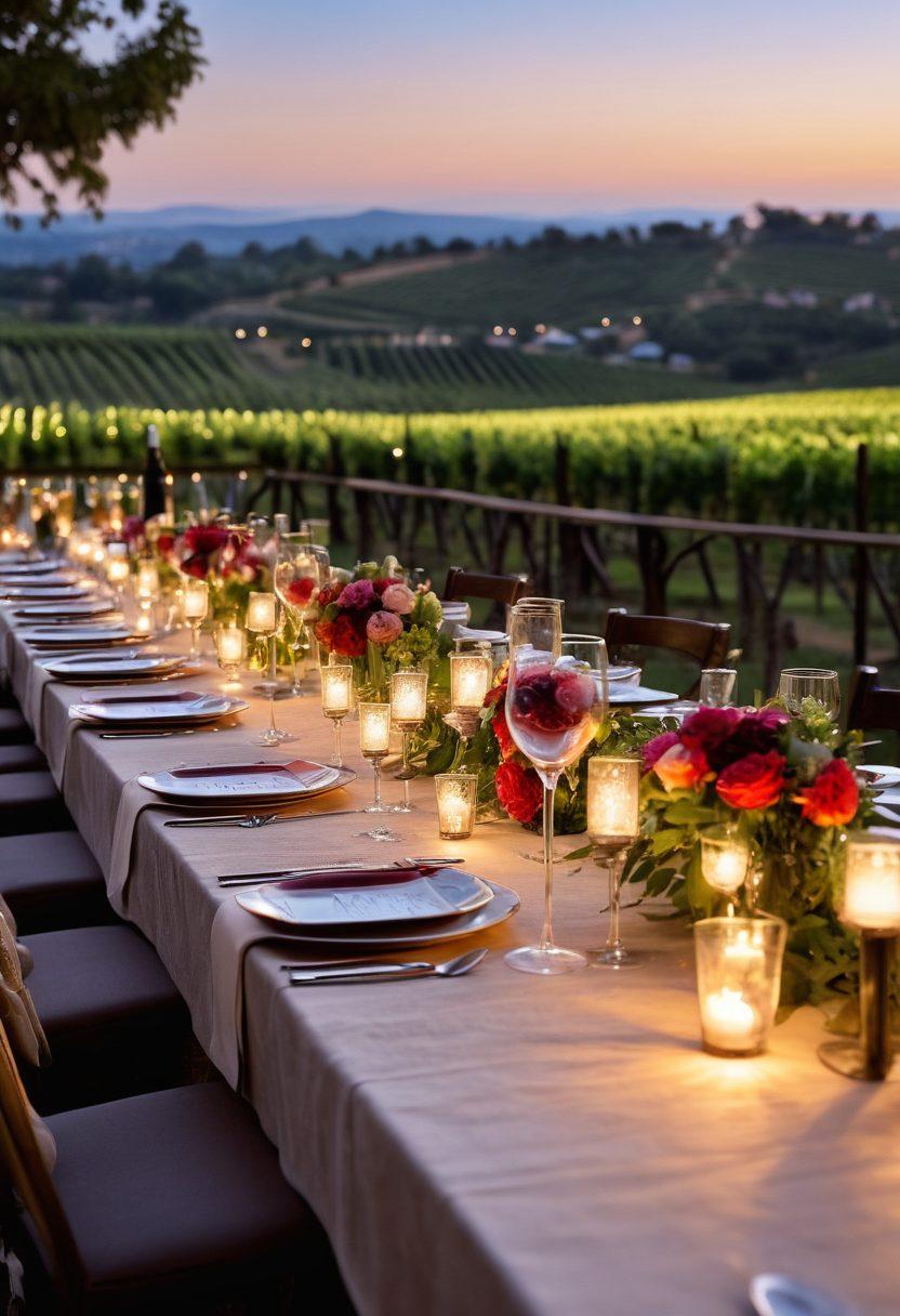 A beautifully set outdoor wine event, featuring elegantly dressed tables adorned with stylish wine sleeves and personalized accessories like engraved corkscrews and custom wine glass charms. Soft fairy lights twinkle above, casting a warm glow across the scene, with guests laughing and clinking glasses. A backdrop of lush vineyards in the distance enhances the atmosphere of celebration. capture an inviting and joyful ambiance. vibrant colors. 3D.